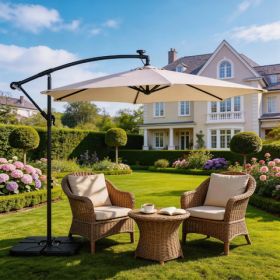 10FT Round Banana Hanging Patio Umbrella With 18 LED Lights, 6 Iron Ribs, Iron Straight & Curved Pole, Waterproof Polyester Canopy, With Stand Sl